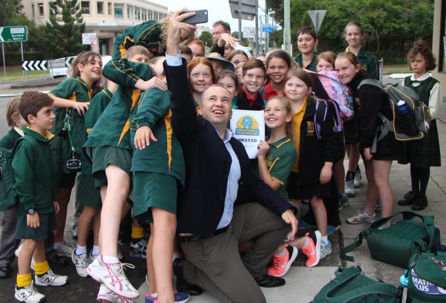Matt Kean MP Member for Hornsby takes a selfie with Berowra school children on Walk Safely to School Day