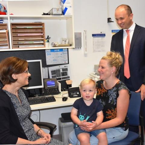 Matt Kean MP with GP Jenny Kendrick, Stephanie Bultitude and her son Samuel 