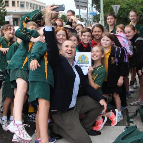 Matt Kean MP Member for Hornsby takes a selfie with Berowra school children on Walk Safely to School Day