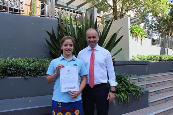 Matt Kean MP with Wideview Public School Captain and swimmer Hayley Johnston 